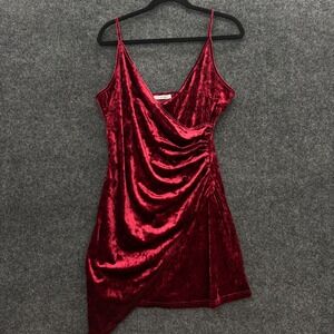 GUBERRY Burgundy Crushed Velvet Wrap Mini Dress 90s Style Ruched Asymmetrical L